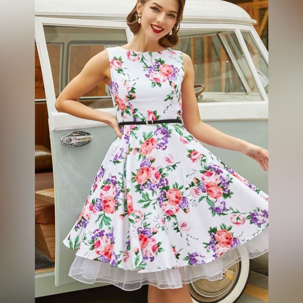 Grace Karin Floral Midi Dress - White with Pink and Purple